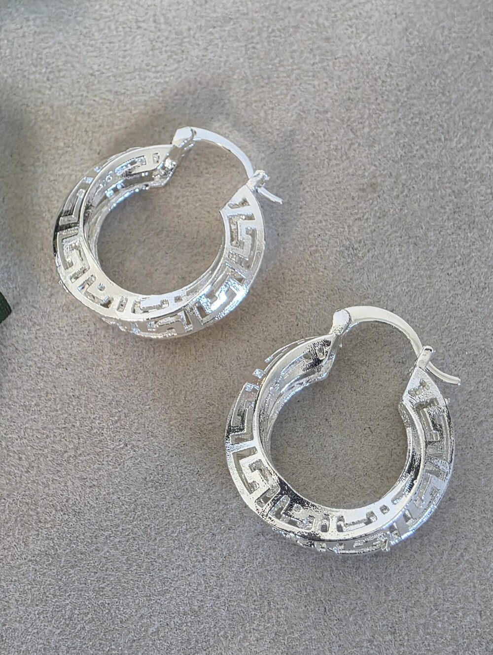White Gold Filled Greek Key Cutout Hoop Earrings Saddle Back Chunky